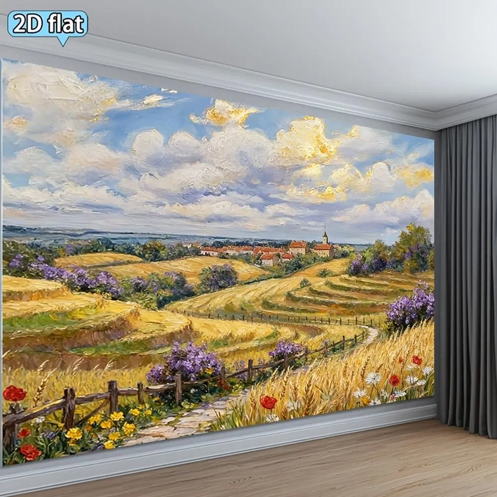 2D Flat Banner Polyester Photography Backdrop - HD Digitally Printed Rural Landscape Oil Painting Style Cloth with Golden Fields, Village, Path, Flowers, Soft, Lightweight, Foldable, Machine Washable for Party, Wedding, Decorative Festive Backdrops & Bann