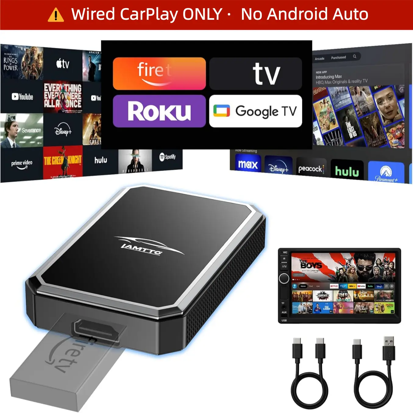 LAMTTO Wireless CarPlay Adapter for iPhone and Factory Wired CarPlay Cars | HDMI Input for External TV Stick | No Built-In Apps or Android Auto | TV Stick Not Included | Not for Tesla or BMW sohochic