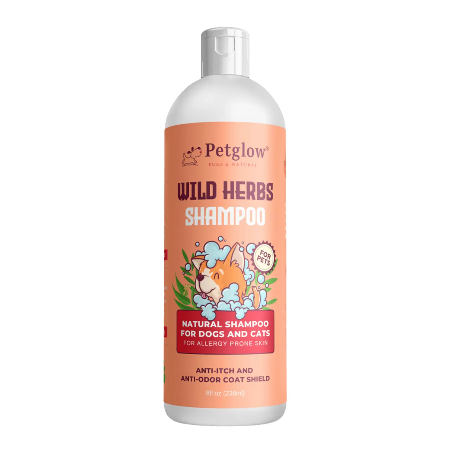 PetGlow Pure Natural Wild Herbs Shampoo for Dogs and Cats, Reduces Itching, Dandruff, Odor, Contains Aritha Tulsi Amla Soap Nut, No Parabens, Sulphates, 8 fl oz