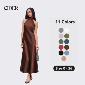 Cider Satin Maxi Dress – Halter Neckline Backless Open Back, Women's Elegant Minimalist Formal Evening Gown, 90s Chic Party Clubbing Wedding Guest Dress, Summer Fluid Fit