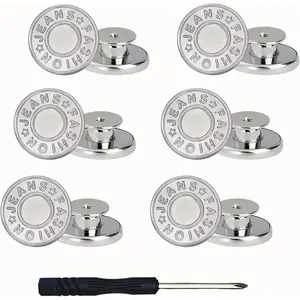 Buttons for Jeans, 17 mm no-sew nailess Removable Metal Jeans Buttons Replacement Repair Combo Thread Rivets and Screwdrivers, 12 Silvery Buttons, Simple Installation,  Adjustable.