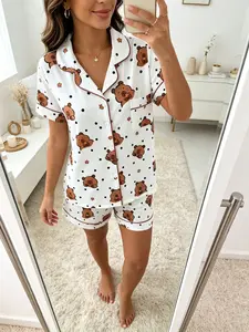 Women's Cute Cartoon Water Buffalo Polka Dot Short Sleeve Pajama Set, Soft Collar Open Front, Casual Summer Sleepwear, Breathable Comfort