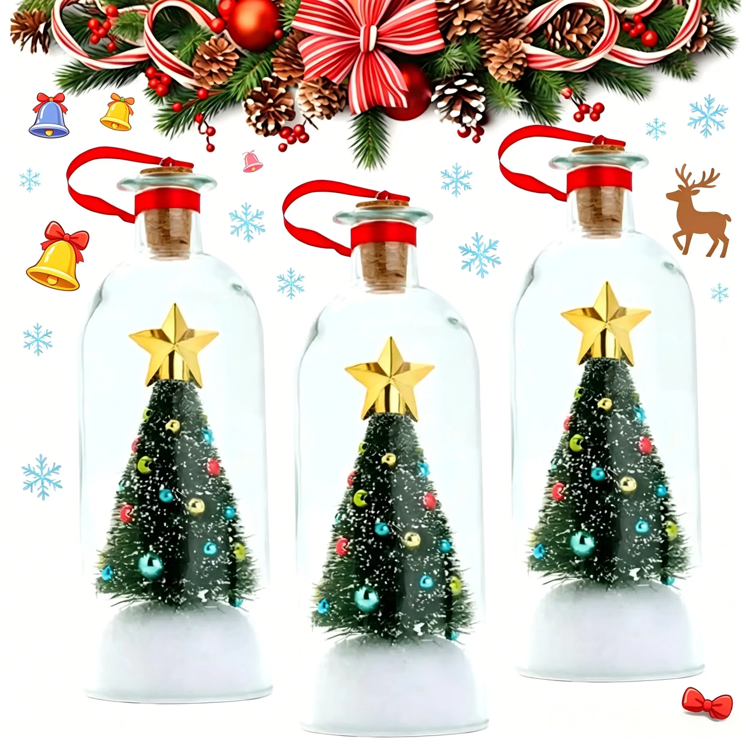 Set of 3 Christmas Tree Message Bottles, Snow Scene Wishing Recording Decor, Cute Table Ornament for Family Xmas Party Home Holiday Decoration