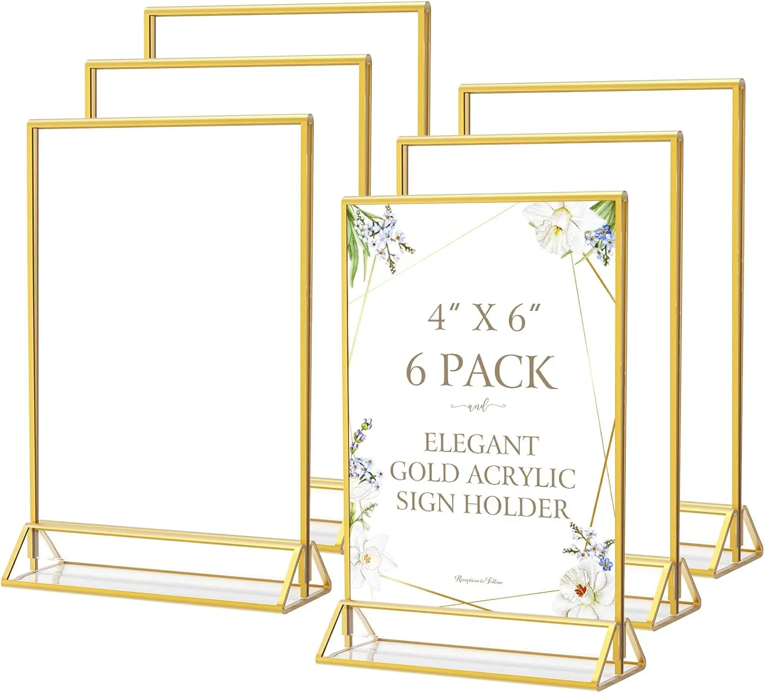 MaxGear 6-Pack 4x6 in Gold Acrylic Standing Picture Frame Set - Transparent Double-Sided Desk Display Holder, Modern Glam Party Decoration Photo Ornament Frame, Office Stationery Desk Organizer Accessory