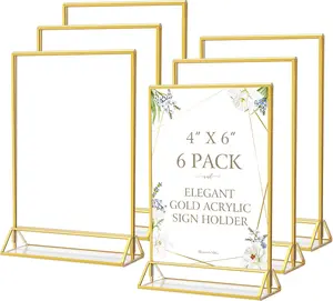 MaxGear 4x6 Gold Acrylic Sign Holder 6 Pack, Wedding Gold Table Number Holders, Double Sided Picture Frame Paper Stand Photo Display, Clear Menu Flyer Stand for Wedding, Home, Restaurant
