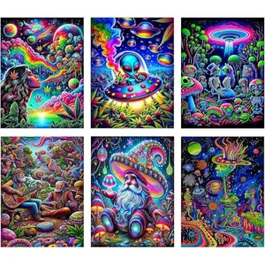 Trippy Psychedelic Square Diamond Painting Kit - 6-Pack Alien Mushroom Rhinestone Art, Full Drill Decor