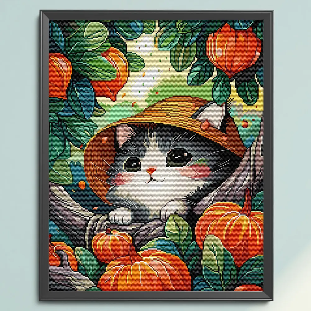 14CT Cat Printed Cross Stitch Kit - Cotton Embroidery Set with Guide Graphic, 3 Size Options, Manual Needlework, DIY Home Decor, Unique Gift for Adults with Sense of Accomplishment (37x47, 43x43, 52x63cm)