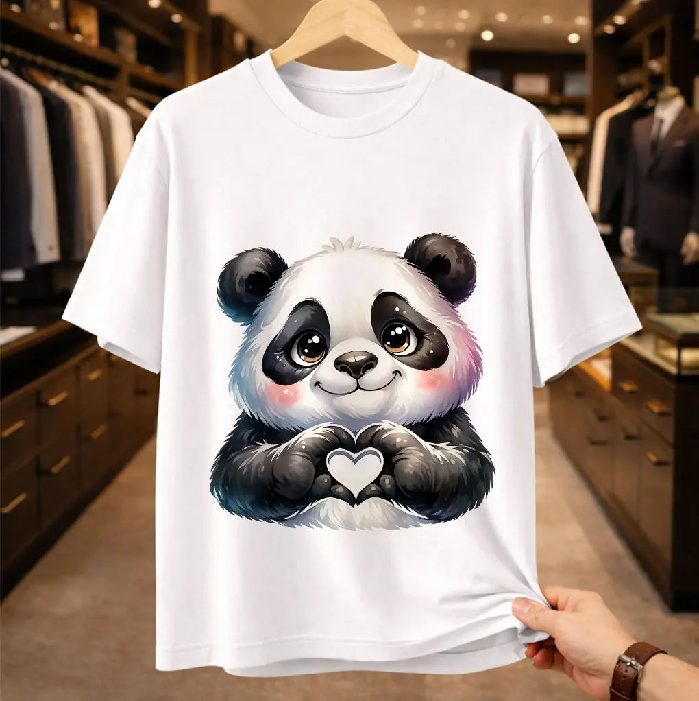 Unisex Adorable Panda Heart Graphic T-Shirt - Cute Kawaii Panda Bear Tee - Trendy Casual White Cotton Top for Panda Lovers