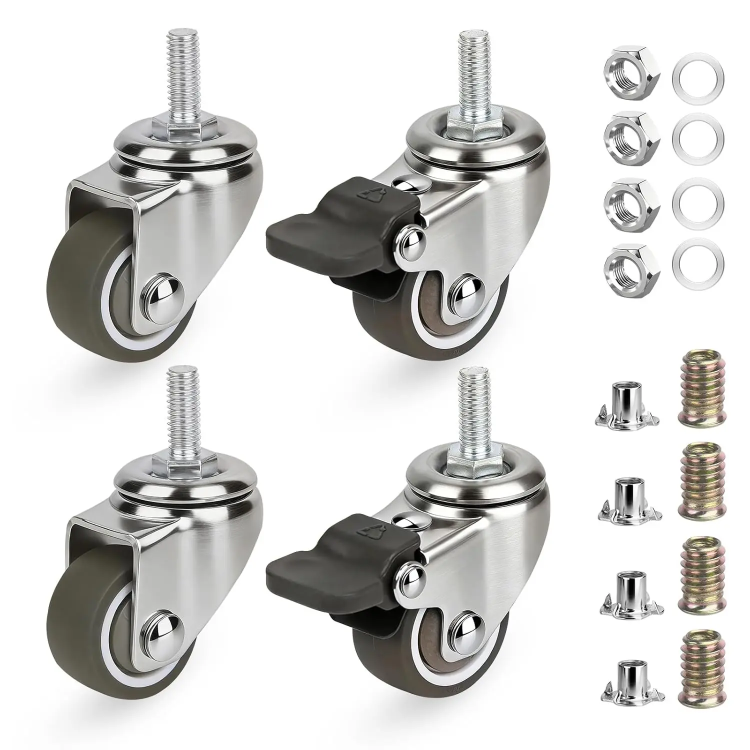 1 Inch Threaded Stem Swivel Caster Wheels M6*15 mm Screw with Brakes 4 Pack Non-Marks Small Rubber Replacement Wheels for Furniture Carts Desks Wire Shelving