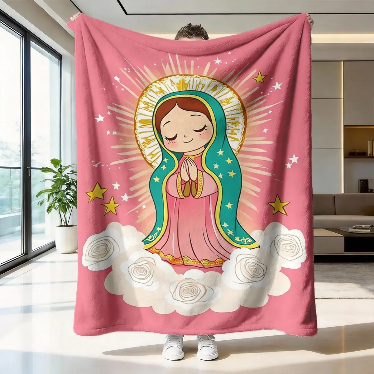 Chibi Saint Religious Blanket, Cartoon Faith Image Flannel Prayer Throw for Church Office and Devotional Room, Soft Bed Chair Cover with Peaceful Home Accent, Thoughtful Birthday Holiday Present for Christian Families
