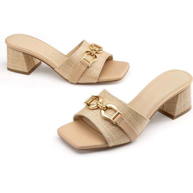 Women's Raffia Heeled Sandals Square Open Toe Slip On Mules Chunky Block Heels with Metal Chain for Summer Vacation