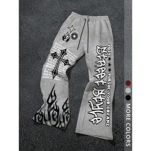 Men’s street-style loose straight-leg pants for autumn and winter, featuring a cross and Gothic flame print; casual Y2K fashion; unique gift from GARMENTARY