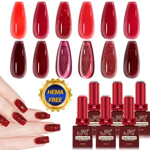 JR Cat Eye Gel Polish 12 Pcs 12ml Red Nails Kit Set HEMA Free Salon Quality Valentines Nails UV LED Lamp Curing Long Lasting Matte Top for Beginners Manicure Gifts for Women Gloss Cherry