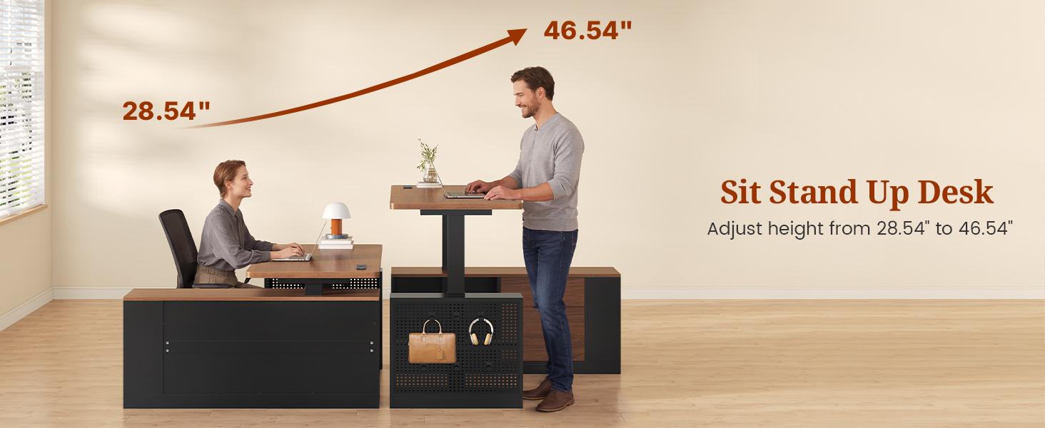 53" Electric Standing Desk with Drawers & Power Outlets, Electric Height Adjustable Executive Desk with File Drawers & Storage Shelves, Sit Stand Corner Computer Desk with Pegboard, 6 Hooks, Home Office Desk, Black & Walnut