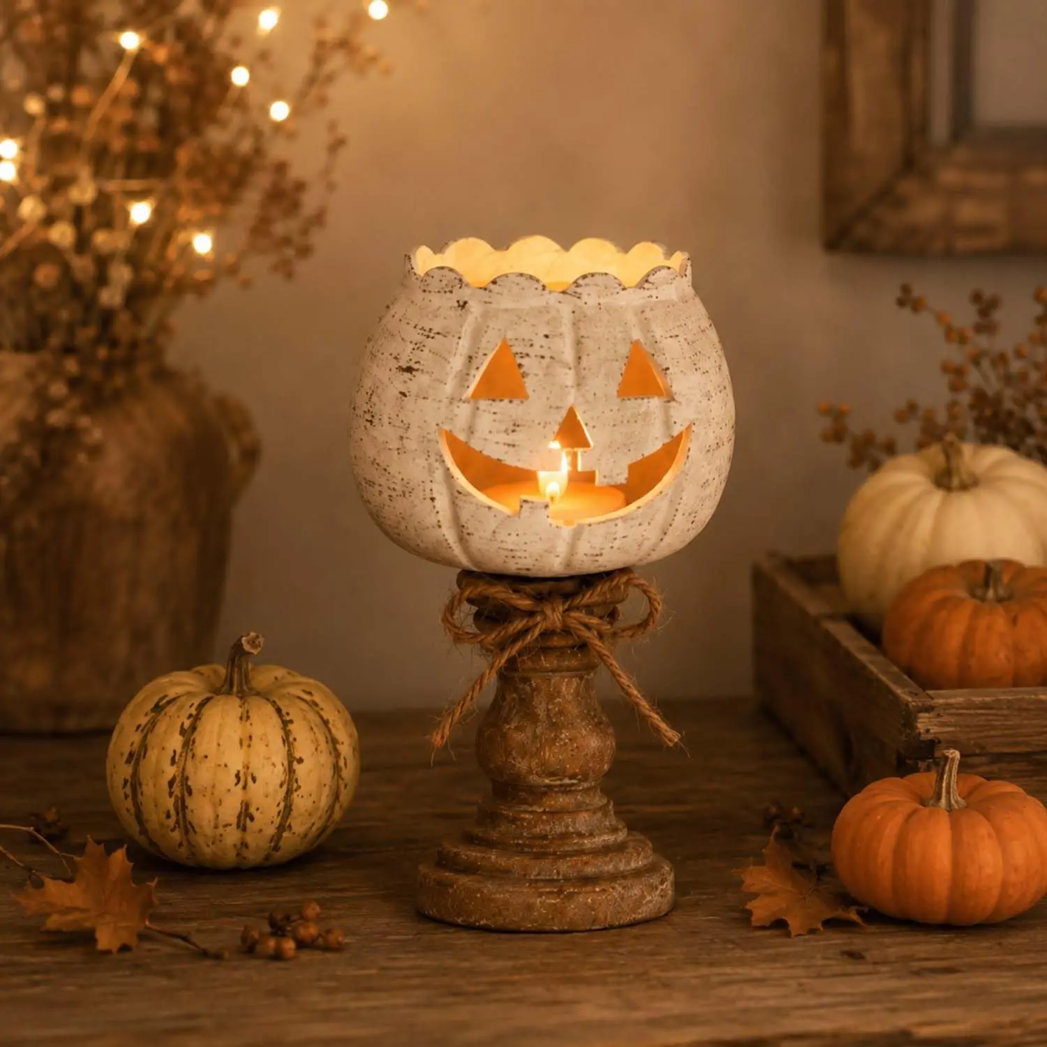 Halloween Candle Holder| 3Pcs Rustic White Pumpkin Tealight Candle Holders| Farmhouse Pumpkin Tea Light Candles Holder Fall Decor| Candleholder Table Centerpieces for Thanksgiving Halloween