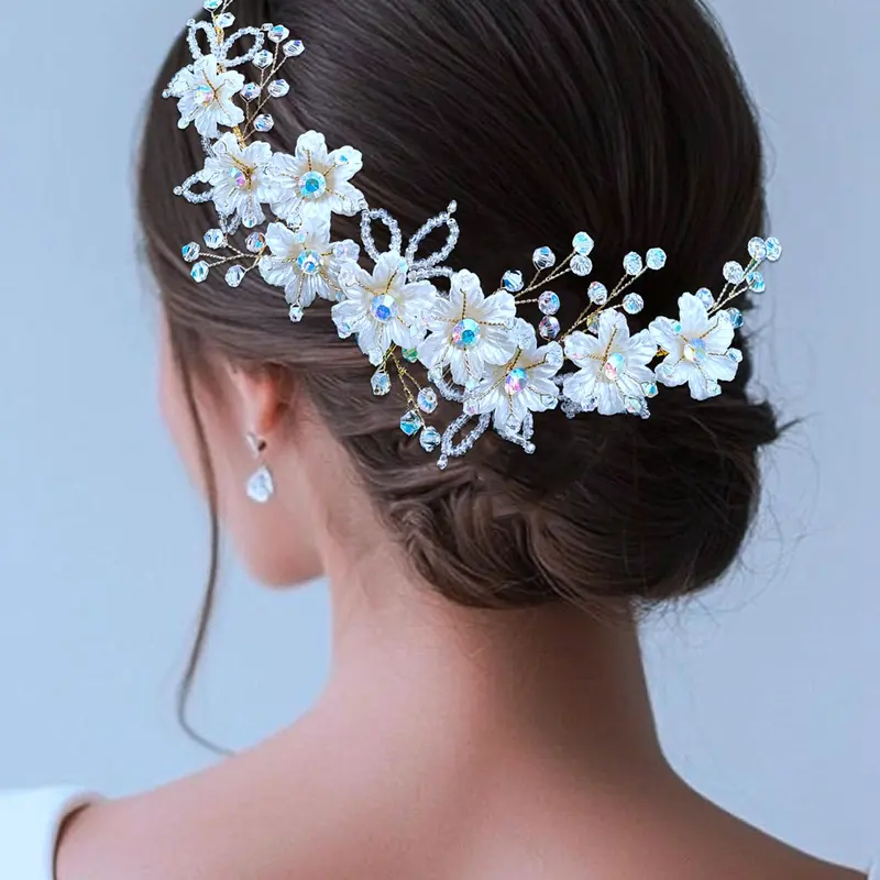 Rhinestone 3D Flower Beaded Bride Bridesmaid Tiara Headpiece Wedding Banquet