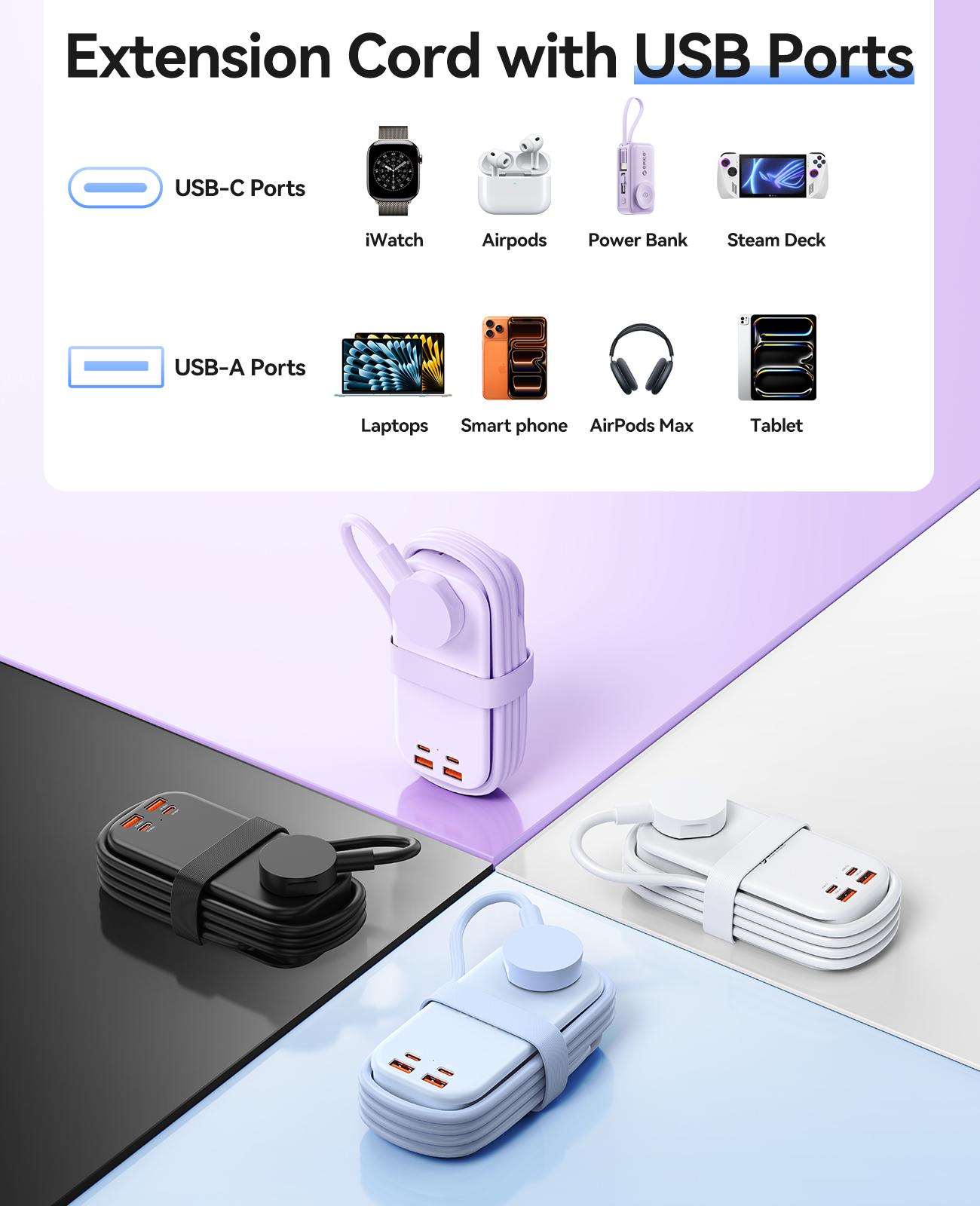 ORICO travel power strip features two USB ports, two side ports, and two Type-C ports, supporting 100W fast charging. Suitable for cruise ships, airplanes, and hotel stays-PP100