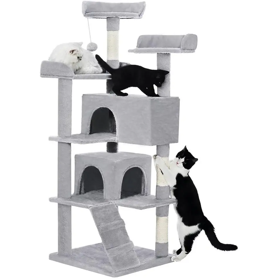 Made4Pets Cat Tree Tower 56inch (Approximately 142.2cm ) Cat Tower, Suitable for Indoor Cats and Kittens, Multi-layer Cat Tree with 2 Apartments, Furniture Activity Center with Scratching Posts, Fun Toy Kitten Pet House, Light Gray