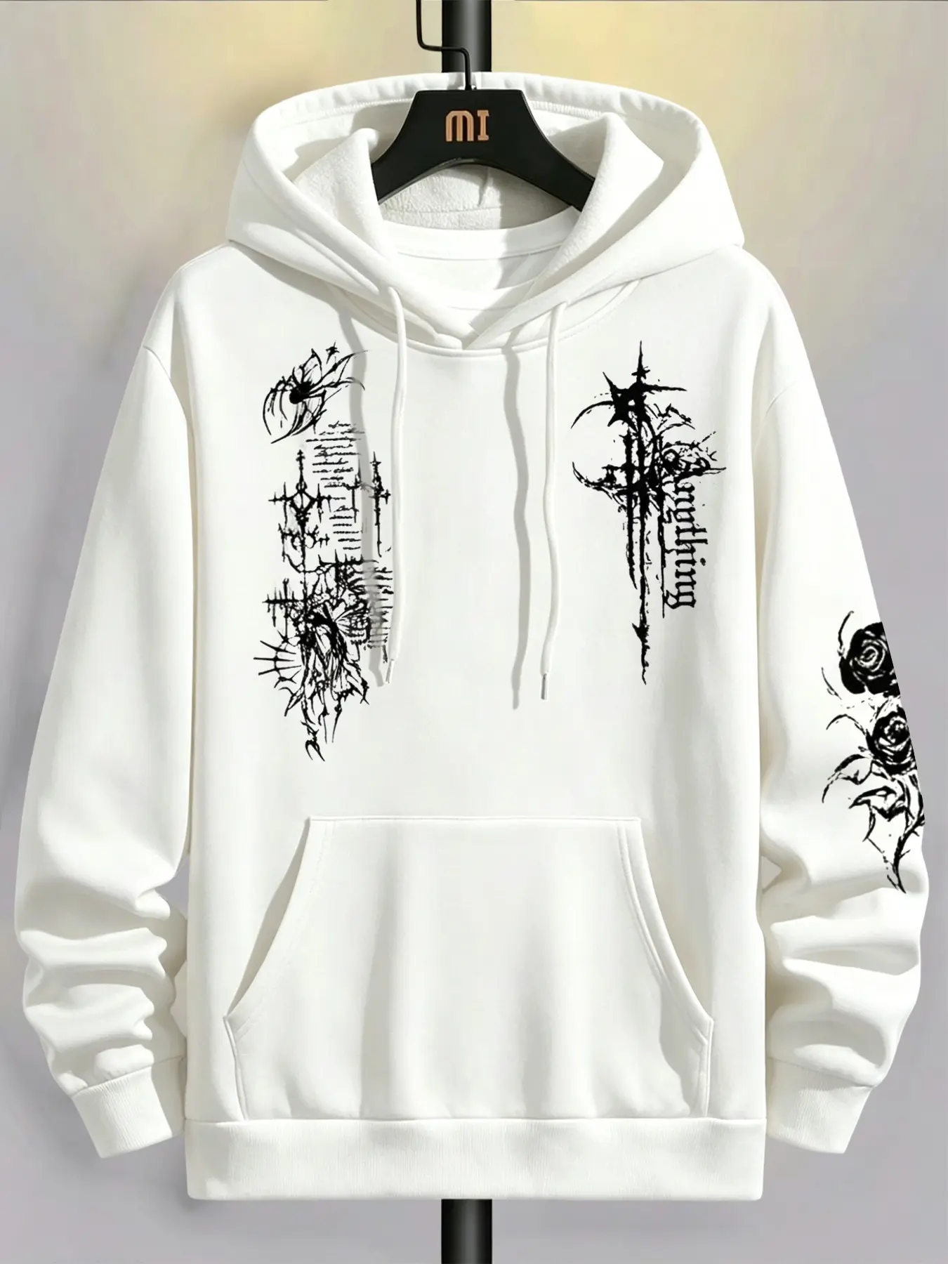 Men's Streetwear Gothic Graphic Print Hoodie, Graffiti Thorn Rose Design, Loose Fit, Casual Sweatshirt for Spring & Fall, Trendy Unisex Top, Gothic Hoodies, Grunge Streetwear, Graphic Streetwear Clothing