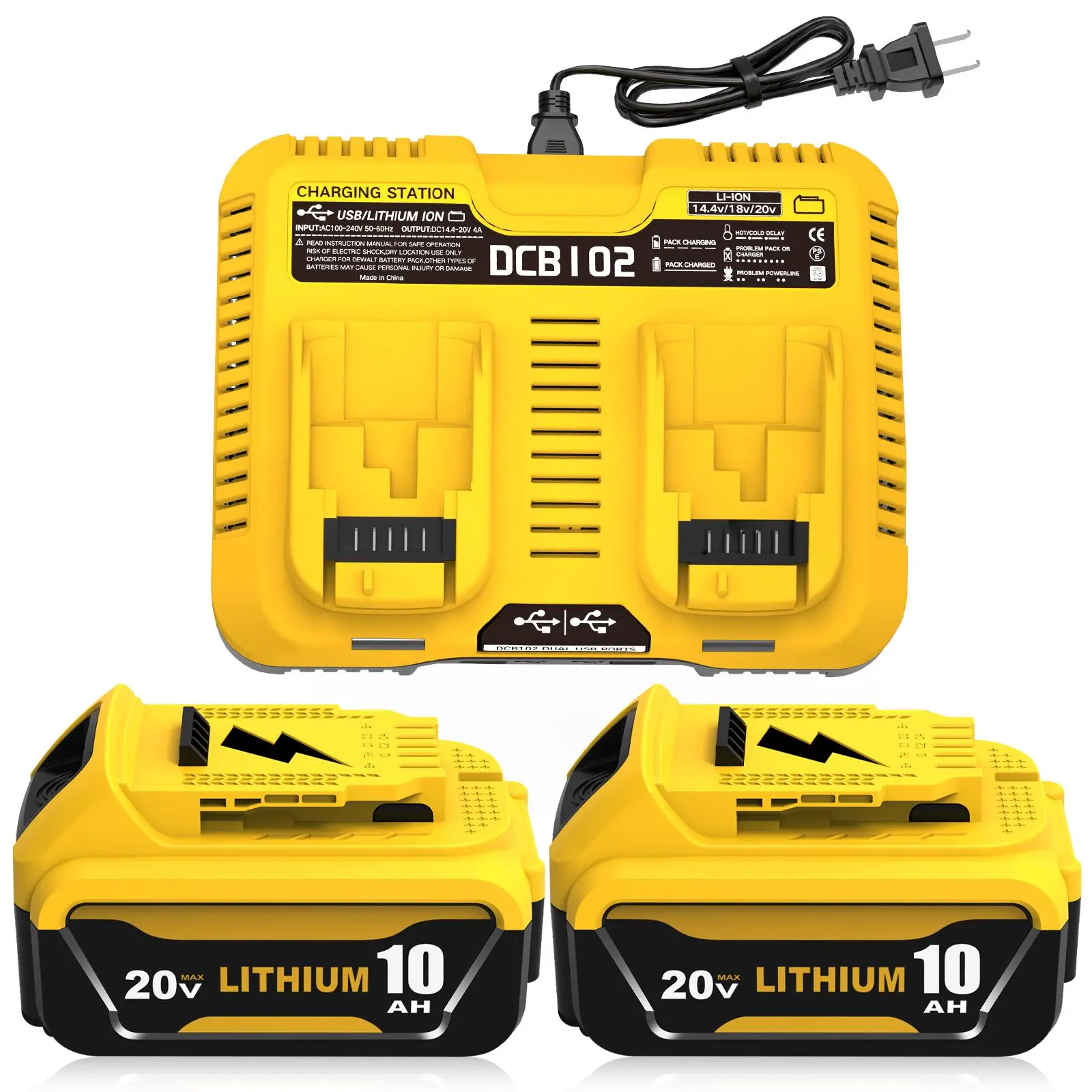 2-Pack 10.0Ah Replacement Batteries + 2-Port Charger for DeWalt 20V | High Capacity Combo Kit Compatible with DCB206, DCB204, DCB203
