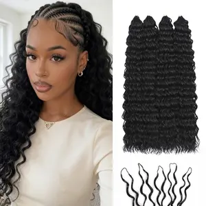 Miracle Knots Feather Crochet Hair (Deep Wave) - Hand-Tied Synthetic Extensions, Soft Cotton Core Glue-Free Knotless Hair Pieces (Natural Black)