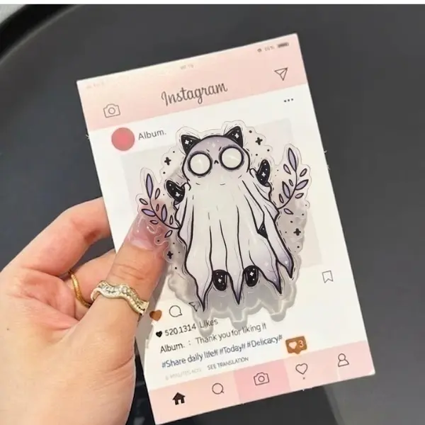 Ghost Kitty with MagSafe Phone Grip, Horror Aesthetic Magnetic Phone Holder, Kawaii Scary Fan Gift , Kindle Accessories sticky Baby mount Library Card Flower-Shaped Multi-Functional Stand Universal Car Double-Sided Octo Adjustable Portable