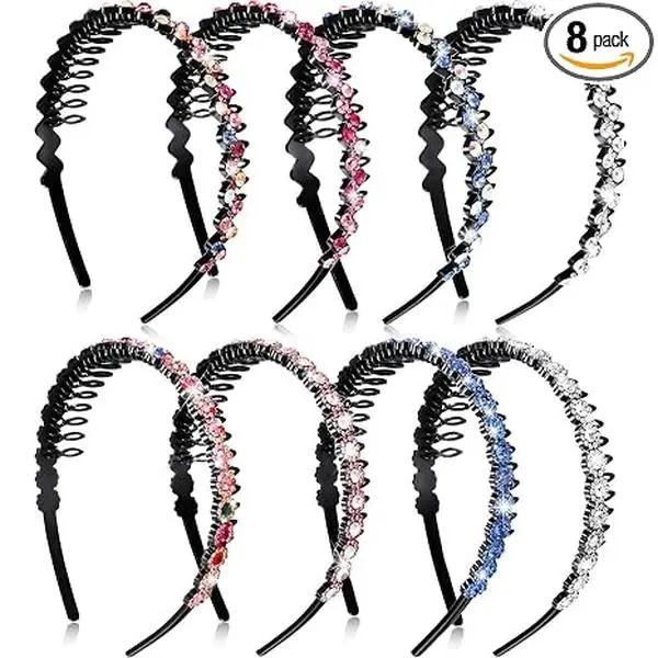 8-Piece Rhinestone Headbands with Teeth Comb for Women – Non-Slip Crystal Flower & Wave Hair Bands, 2 Styles for Daily Wear, Parties & Weddings