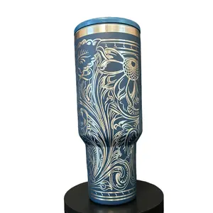 Tooled Leather Flip Straw Engraved 40 oz Double Insulated Stainless-Steel Tumbler with Full Wrap Portable Mug Coffee Thermal Cup Drinkware Lids Flasks Bottled Bottles