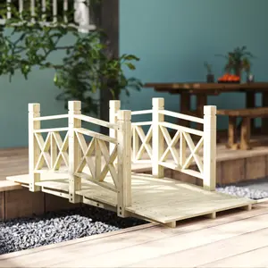 5 ft. Wooden Garden Bridge Footbridge for Backyard Ponds Creeks Streams Nature Wood with Handrails Water-Resistant Varnish Classic Charm