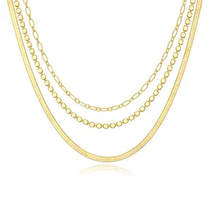Herringbone Cuban Chains 14K Gold Plated Layered Necklace for Women Adjustable Lengths Trendy Stackable Jewelry Dainty Gold Necklaces Set Choker Simple Gold Layered Necklaces Hypoallergenic