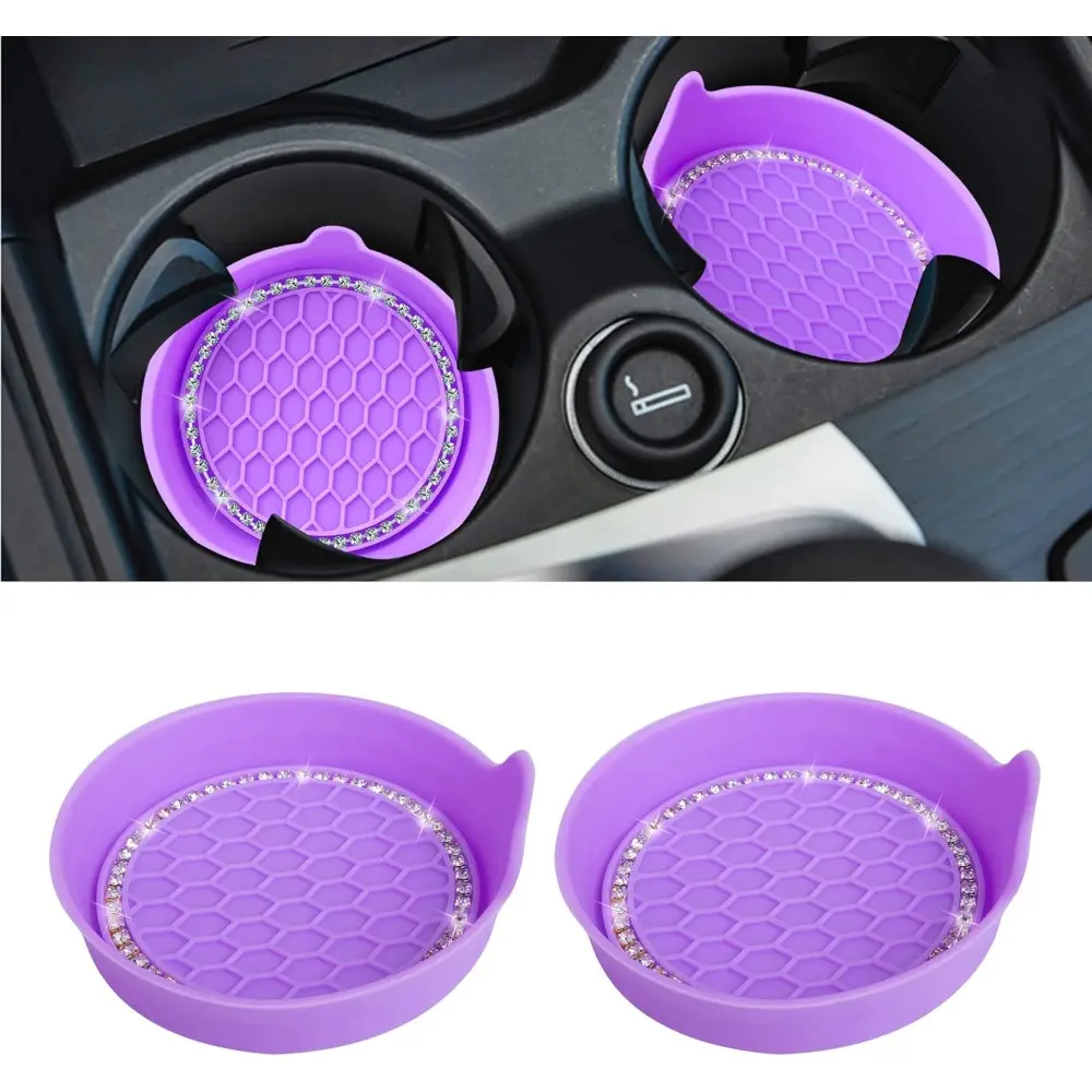 2-Pack Silicone Purple Universal Non-Slip Spill-Proof Car Cup Holders with Bling Crystal Rhinestones, Car Interior Decoration & Office Accessories