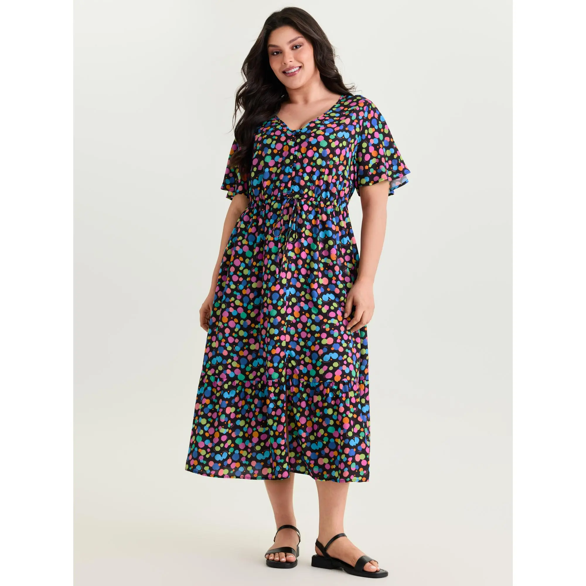 BLOOMCHIC Women's Plus Size Shortsleeve Casual Midi Dress - Rayon Smooth Fabric, Multi-Color Polka Dot Print, Pocket, Flattering Fit, Flutter Sleeve, Sizes 14-16/1x 18-20/2x, for Summer Casual Wear, Swimweek Events, Ready To Wear, Low Iron, Rayon Fabric,,