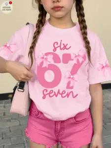 Girls' Casual Fashion Round Neck Short Sleeve T-Shirt, Summer Birthday Shirt, Pattern Tee, Fitted All Seasons Top, Graphic Tee