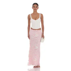Sequin Floral Mesh Maxi Skirt in Pink