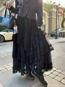 Elegant Women's Mesh Patchwork Ruffle Hem Floral Fitted Skirt, Perfect for Evening Dates, Home, Garden Photoshoots, Streetwear, Casual All Seasons Wear