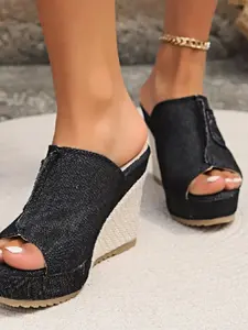 Women's Soft Sole Anti-Slip Denim Platform Wedge Sandals, Thick Heel Fish Mouth Slip-On Slippers, Casual Stylish PU Material, Trendy Cross-Border Bestseller