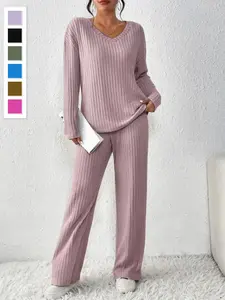 New Year Autumn Winter Loose Ribbed Fleece Two-Piece Set Women, V-Neck Top and Straight Leg Pants Casual Everyday