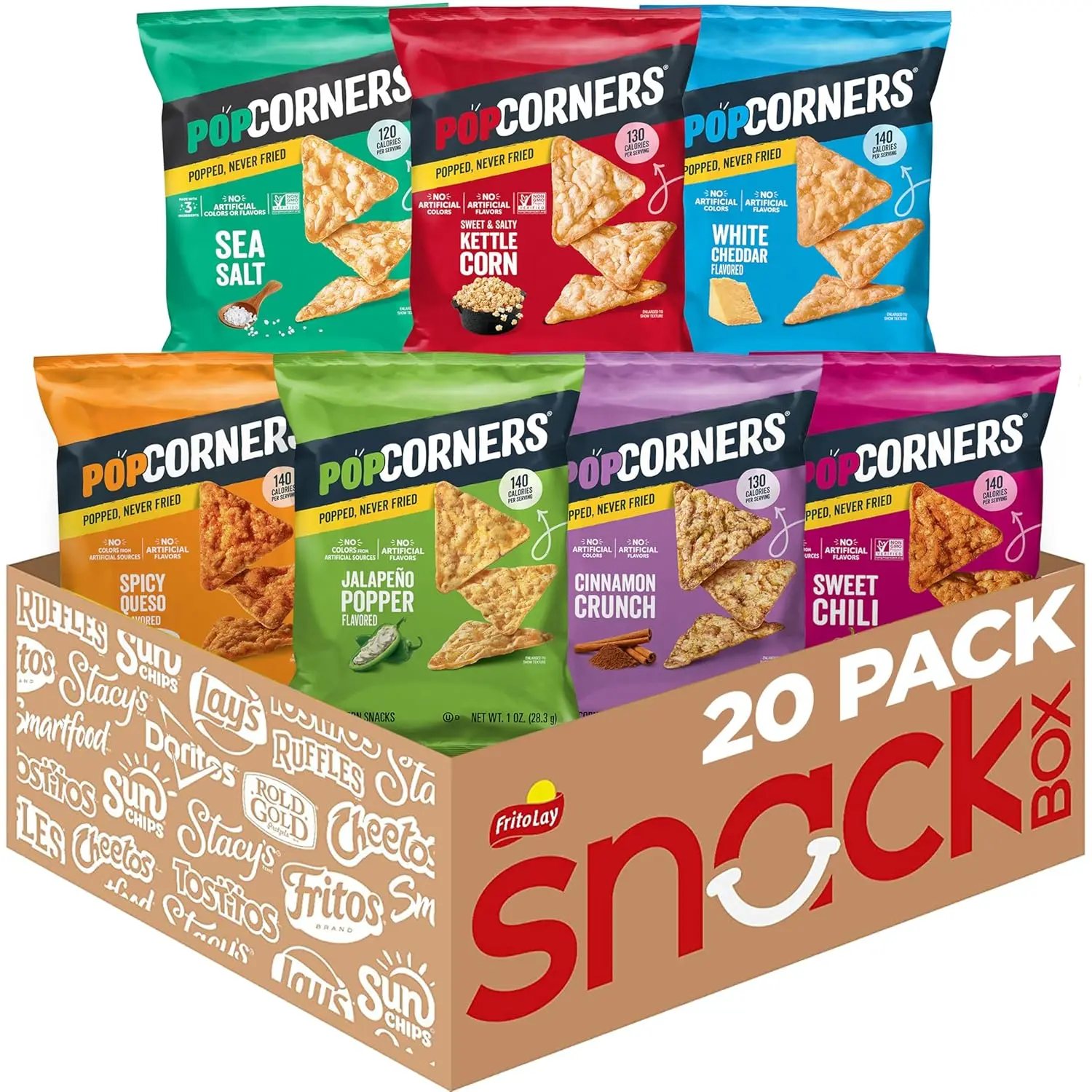 PopCorners Popped Corn Chips, 7-Flavor Variety Snack Pack with Cinnamon Crunch Ingredient, 1 oz Bags (20 Pack), Gluten Free, No Artificial Colors/Flavors, Delicious for Watch Parties & Casual Gatherings, Ingredients