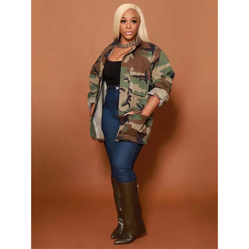 Women's jackets and windbreakers Camouflage Print Big Pocket Jacket 2024 Spring INS Clothing Long Sleeve Camo Trench Coat Casual Oversize Cardigan Top Outwear Light Womenswear Check Gamis