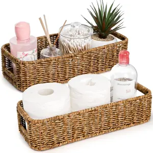 2 Pack Toilet Tank Basket, Handwoven Rectangular Wicker Shelf Baskets for Organizing, Decorative Countertop Storage Bin with Built-in Handle for Bathroom Tank Top, Bedroom Closet
