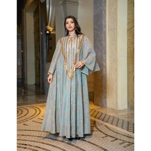 Exquisite Moroccan Inspired Muslim Abaya with Intricate Gold Embroidery Fringe Detailing for Middle Eastern Formal Celebrations