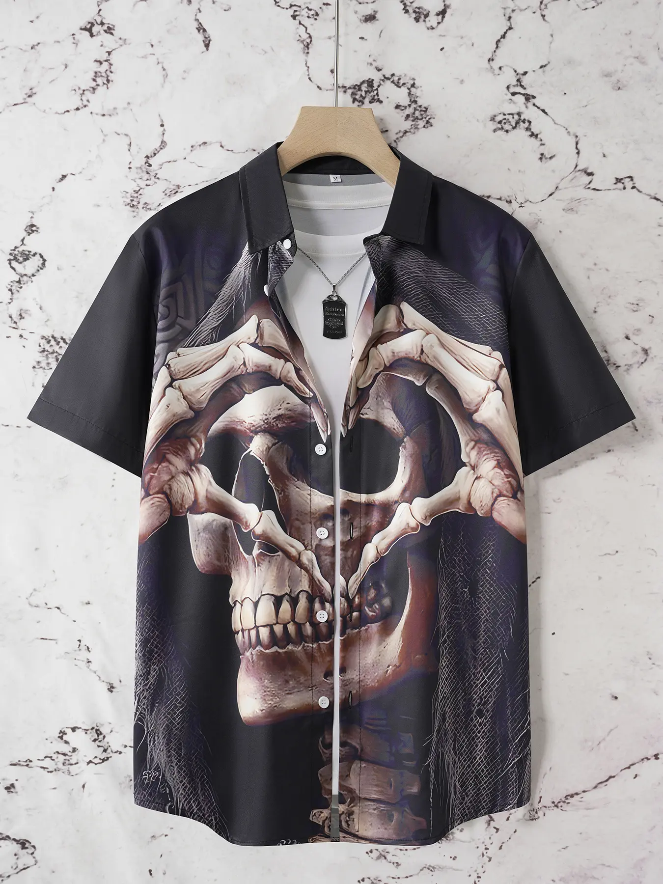 Men's Skull Skeleton Halloween Shirt, Button Front Short Sleeve Fitted Gothic Punk Casual Style, Holiday Spring Summer Collared 3D Print Shirt