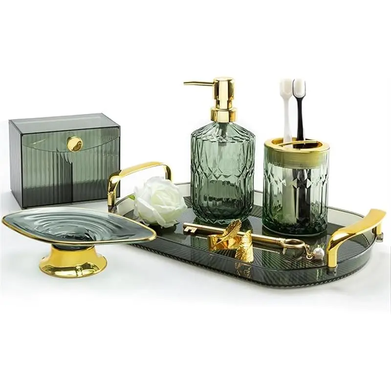 Green Bathroom Accessories Set 5 Pcs Green Bathroom Decor with Decorative Vanity Tray for Boho Bathroom Decorations Soap Dispenser Toothbrush Holder Lotion Gifts for Women Home Apartment Decor