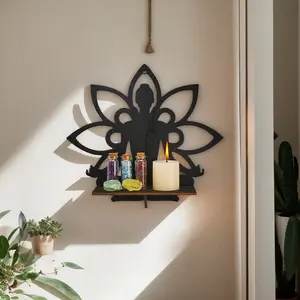 Wooden Guanyin Statue Display Shelf, Creative Simple Wall Mounted Storage Rack, DIY Assembly Small Wood Organizer