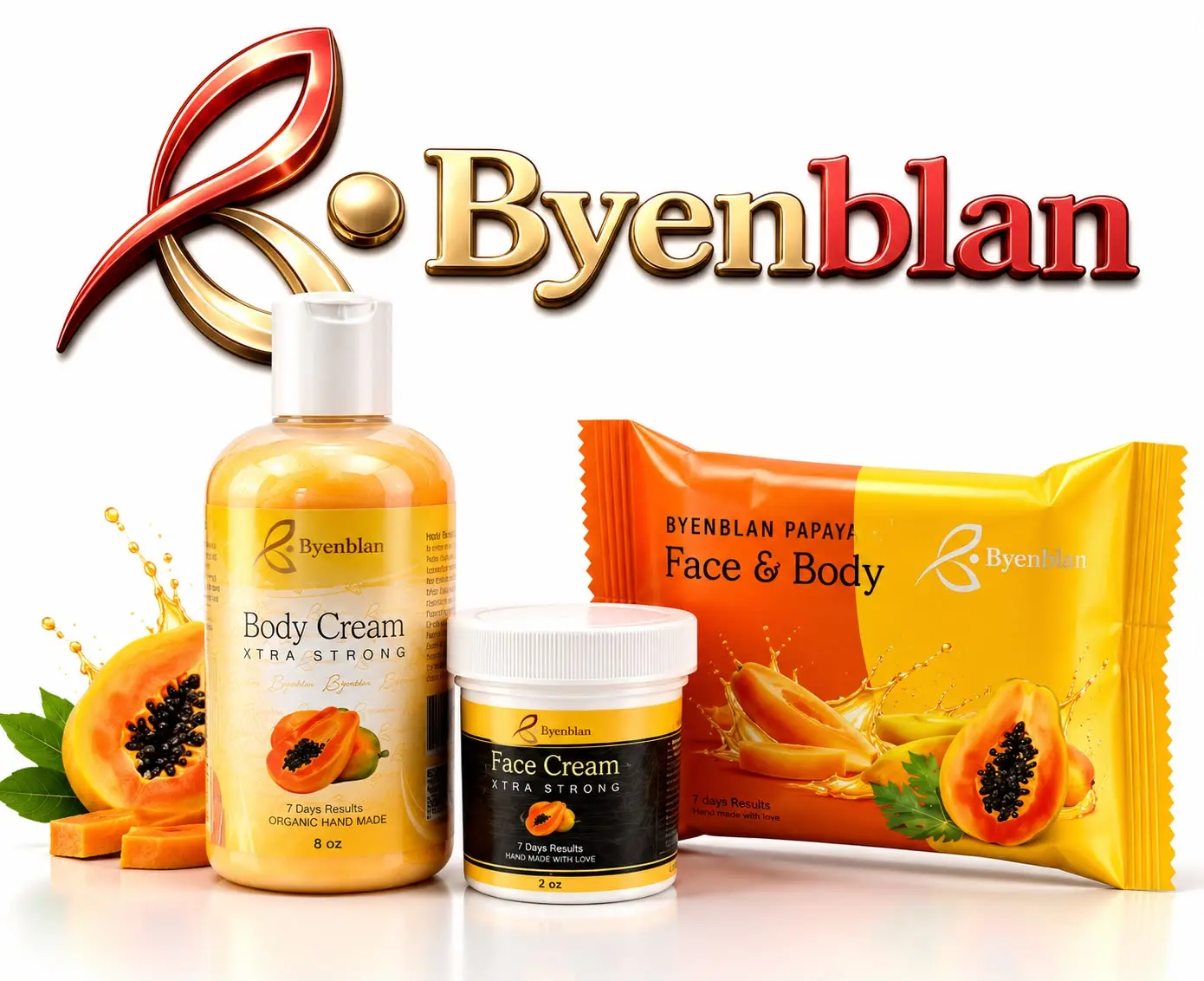 Ansly Boutik, Byenblan Papaya  mini Sets of 3pcs , Body Cream 8 oz, Face Cream 4 oz, Face & Body bar Soap 7 oz