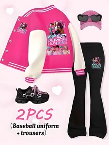 Kpop Hunter Boy & Girl Cartoon Print Set, 2-Piece Girls Short Baseball Jacket and Bell Bottom Pants, Casual School Uniform, Spring & Fall