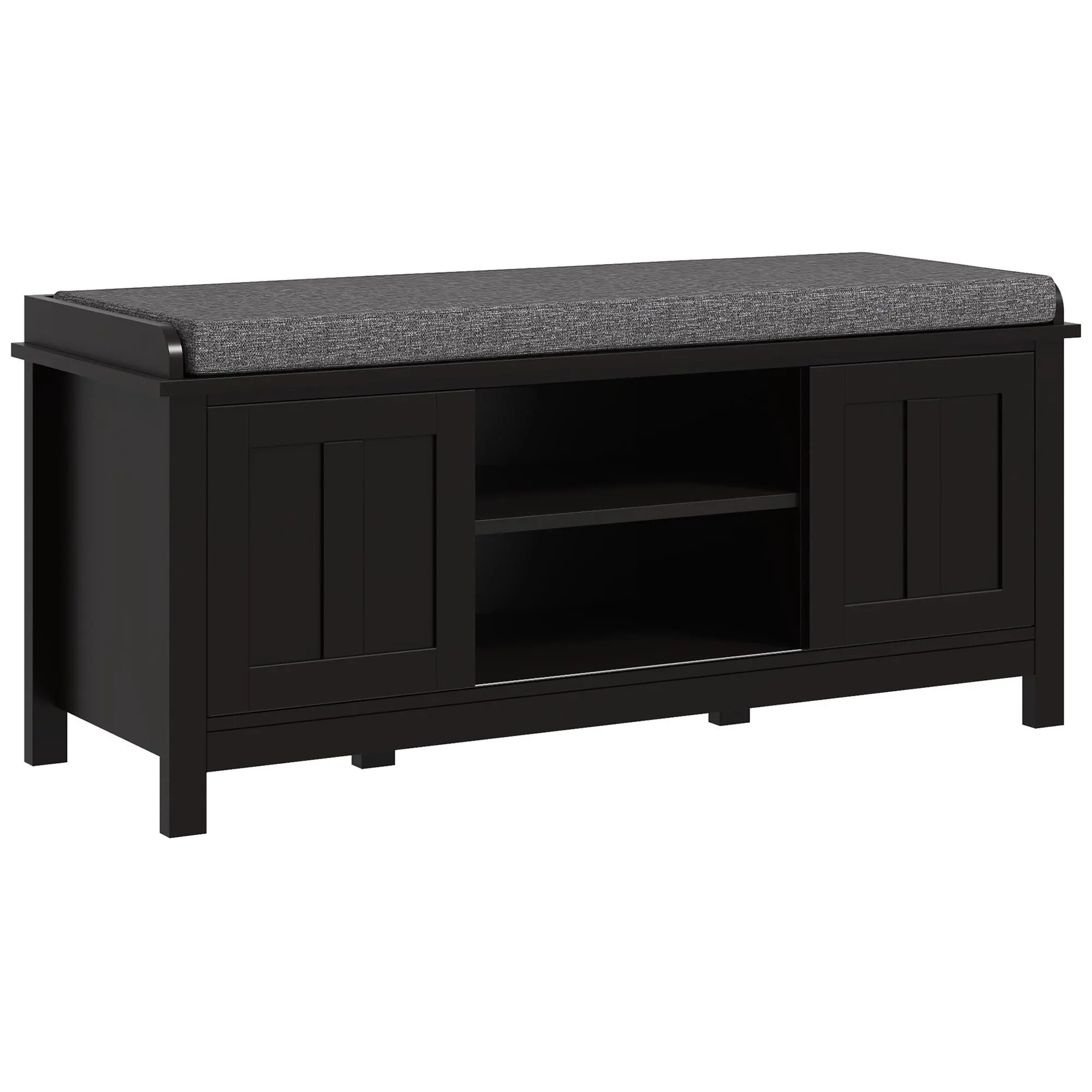 HOMCOM Entryway Shoe Bench Storage Ottoman with Sliding Doors, Adjustable Shelving, 6 Compartments, and Padded Seat, Holds 10 Pairs