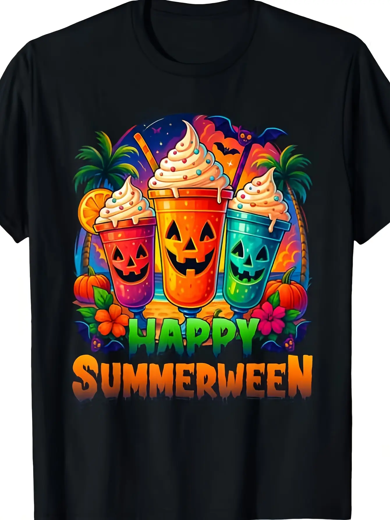 Jack-O-Lantern Summerween Vibes Skeleton Summer Watermelon T-Shirt 100% CottonHalloween Hot-selling styles gifts trendy and fashionable  for men and women  soft breathable casual - round neck regular fit - machine washable printed hoodies