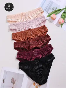 Women's Oil Gloss Lace Patchwork Comfort Triangle Panties, Trim Lace Panty, 6 Pieces Set, Soft and Breathable Underwear, Perfect for Daily Wear, Fashion Breathable Underwear, Intimates