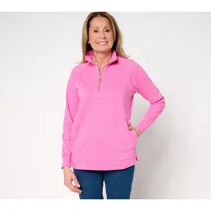 QVC Belle Body by Kim Gravel Women's Slub Knit Gold Signature Half-Zip Top
